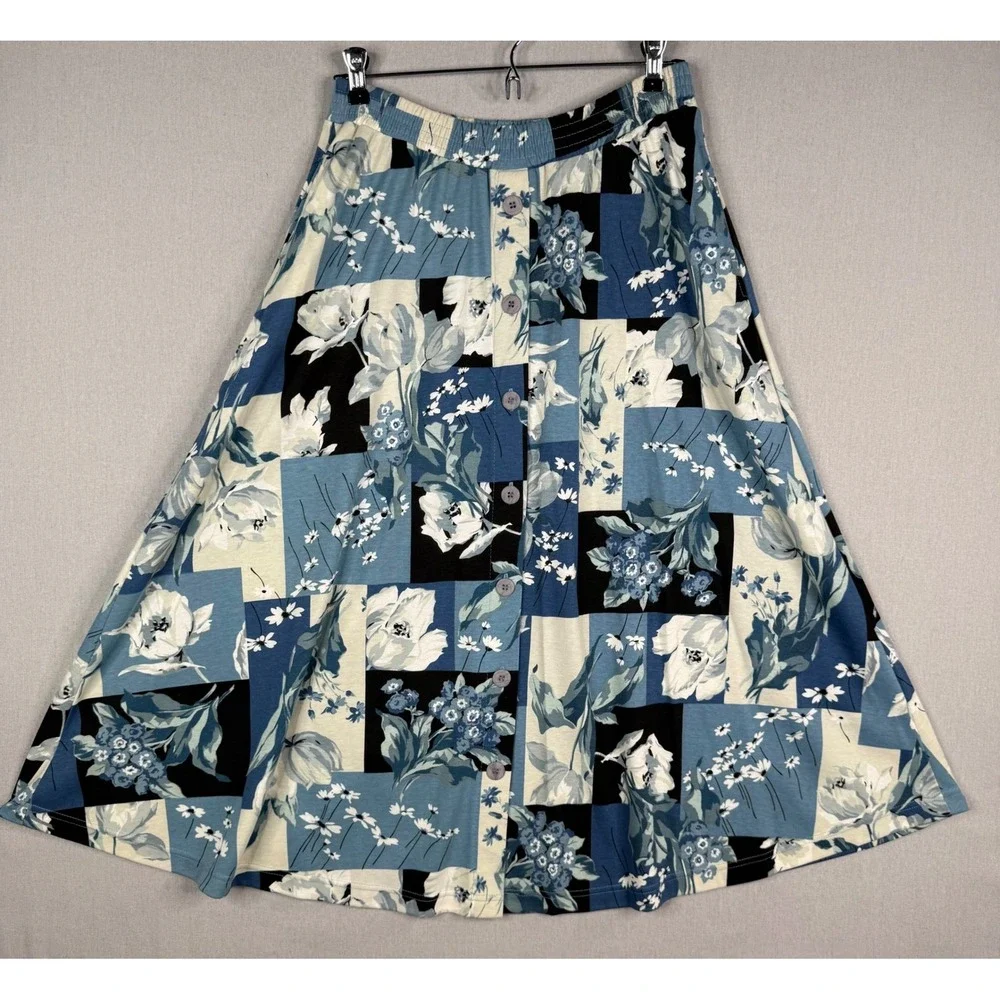 Vintage Patchwork Button Down Skirt Womens L Blue‎ Floral Modest Stretch USA